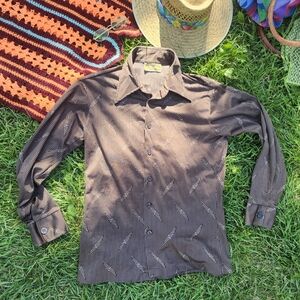 70s Vintage Satin Feel Arrow Men's Dark Brown Striped Shirt